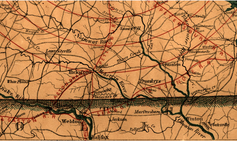 Hicksford became railroad junction when the Petersburg Railroad built an extension (the Greensville & Roanoke Railroad) to Gaston, NC