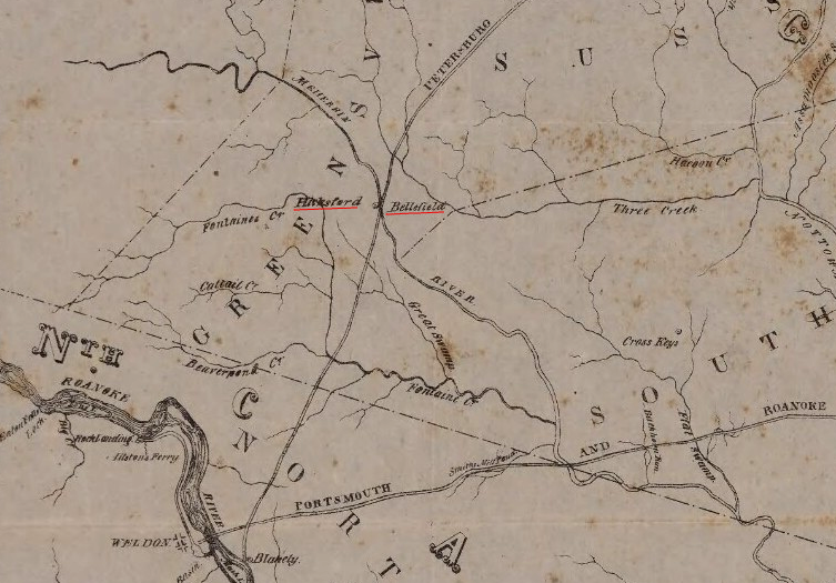 the Petersburg Railroad ran through Belfield and (after crossing the Meherrin River) Hicksford