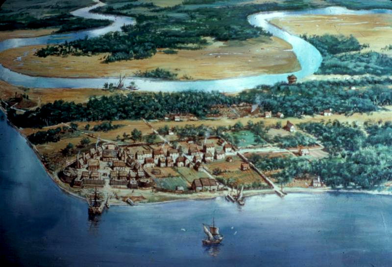 in less than 10 years Jamestown expanded from a fort into a town, with houses aligned along two major streets