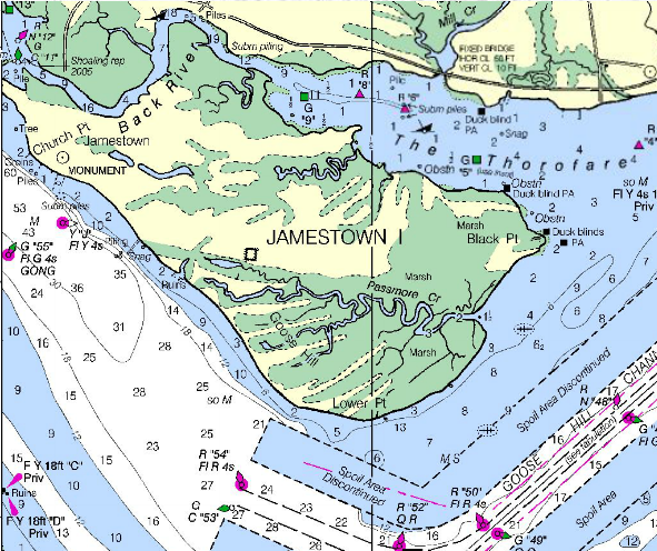 modern navigation chart showing river channel at Jamestown Island