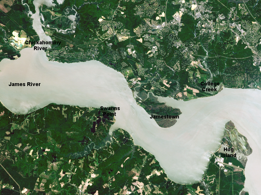 Jamestown is located upstream of Hog Island and downstream of the Chickahominy River