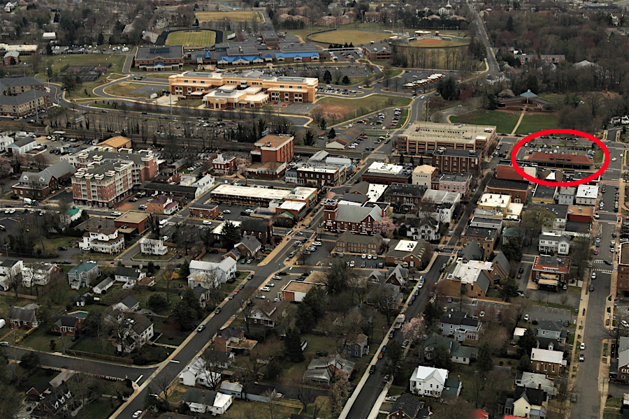 railroad station (red circle) in downtown Manassas