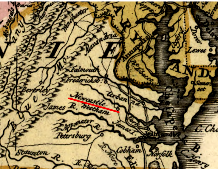 25 years before the capital was moved from Williamsburg, Newcastle - but not Richmond - was important enough to show on a map
