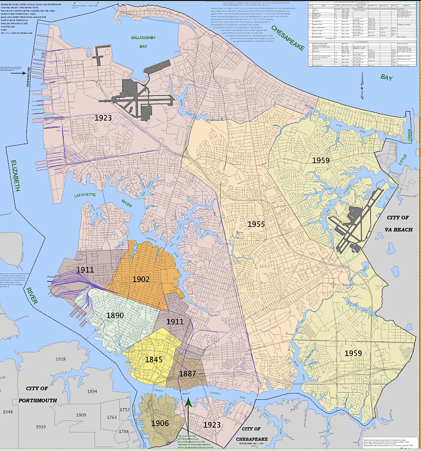 boundaries of Norfolk expanded through annexation between 1845-1959