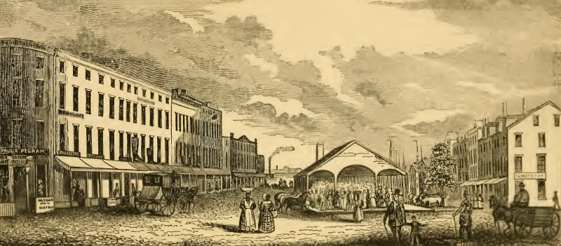 looking south past the market in Norfolk, across the harbor to the shoreline at Portsmouth in 1845