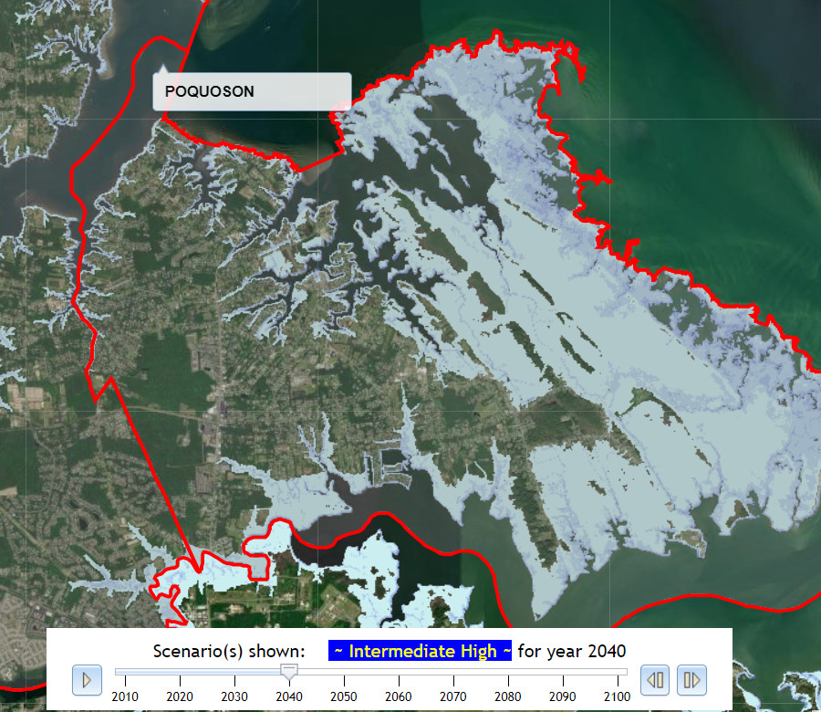 in the Intermediate High scenario for sea level rise, the marshes on the eastern edge of Poquoson would be inundated by 2040