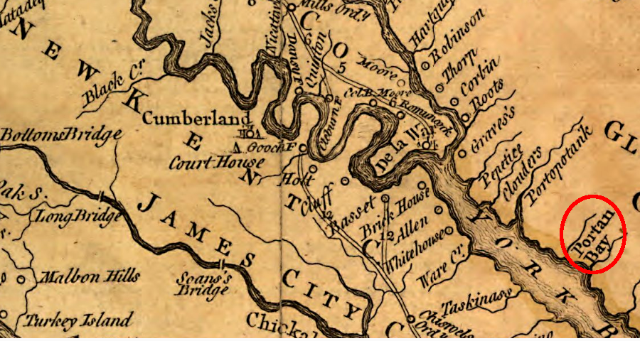 150 years after John Smith visited Werowocomoco, the only place name at the site recorded on the Fry-Jefferson map was Portan Bay