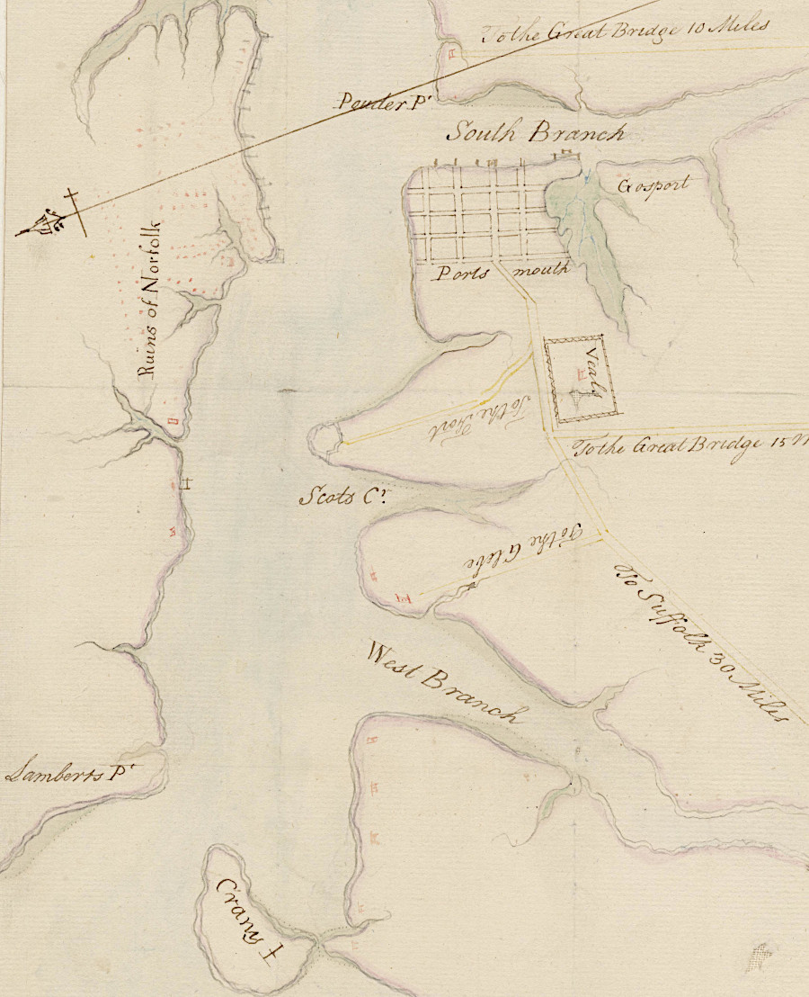 Portsmouth in 1781, with the ruins of Norfolk on the opposite side of the Elizabeh River
