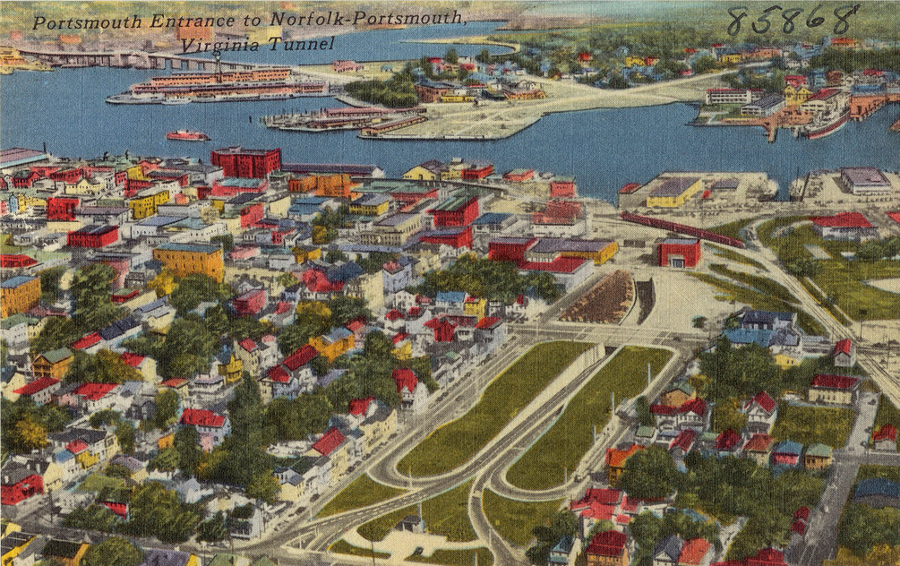 a pre-World War II postcard shows the western entrance to the Midtown Tunnel beneath the Elizabeth River