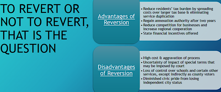 primary arguments for and against reversion to become a town include diminished civic pride after losing city status