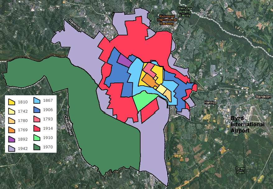 pattern of Richmond's growth through annexations, 1810-1970