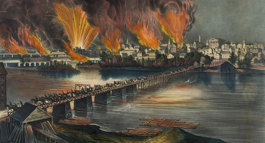 when the Confederate military and political officials abandoned Richmond after the fall of Petersburg, they set fire to warehouses on the waterfront - and the resulting Evacuation Fire destroyed much of the city's commercial district