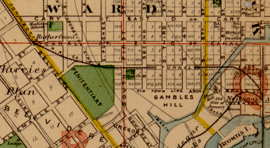 a railroad connection, which required a tunnel at Gambles Hill, linked the Richmond and Danville with the Richmond, Fredericksburg, and Potomac (RF&P)