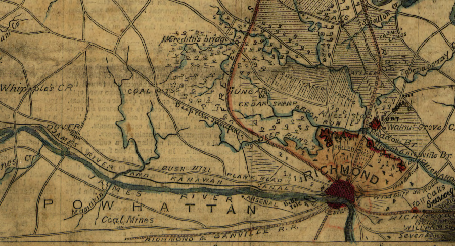 the plank road linking Richmond to the Piedmont is today's River Road, Deep Run Turnpike is now US 250, and the road connecting Bush Hill and the coal pits is Three Chopt Road