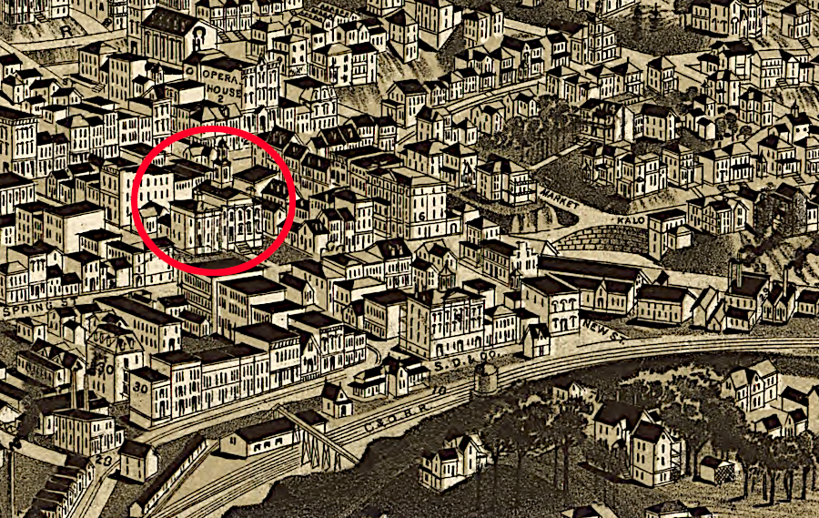 Sears Hill, pedestrian bridge over Chesapeake and Ohio tracks to railroad depot, and Augusta County courthouse (circled) in 1891