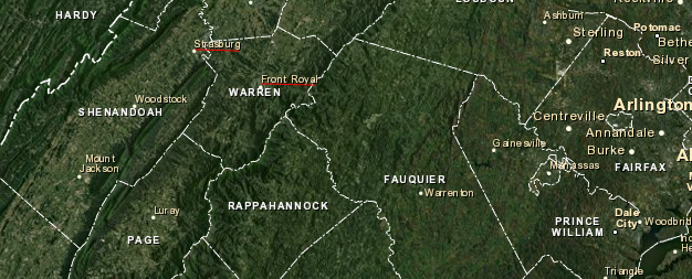 Strasburg and Front Royal are adjacent to I-66, in the Shenandoah Valley west of the Blue Ridge
