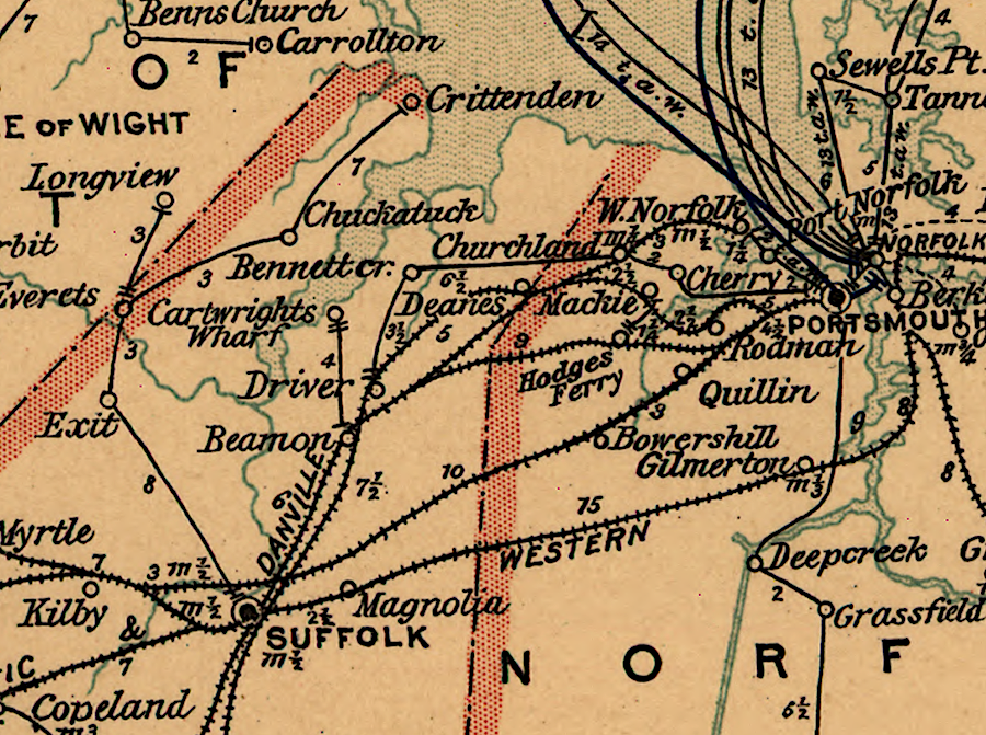 in 1896, multiple railroads had built through Suffolk to Portsmouth/Norfolk