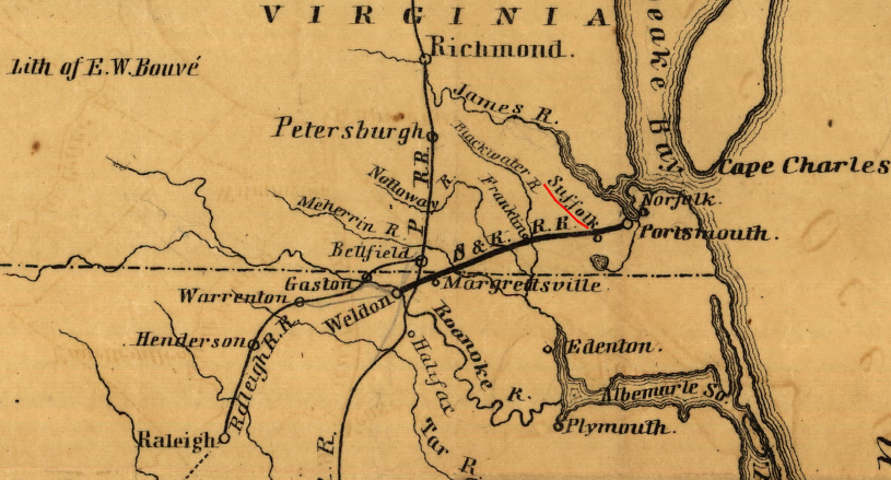 Suffolk got its main rail connections, including the Seaboard and Roanoke Railroad, because it was in-between the ports on the Elizabeth River and the hinterland from which those ports sought to draw traffic