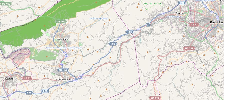 Blacksburg and Radford lack an airport with scheduled commercial service, while Roanoke seeks a closer connection to the universities in those two communities