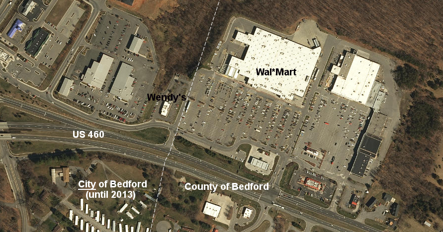 until 2013, the Wendy's fast food restaurant paid taxes only to the City of Bedford; the Wal*Mart Supercenter paid taxes only to the County of Bedford
