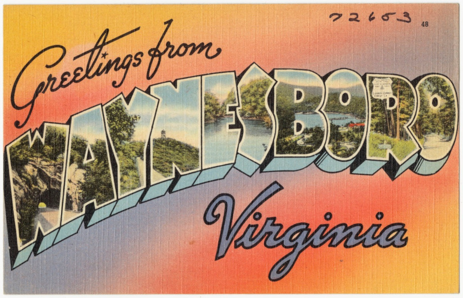 a 1930-1945 tourism postcard highlighted how Waynesboro was close to parks and forests