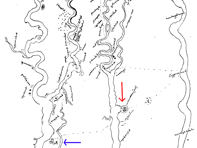 Werowocomoco on York River, with ditches identified by dotted lines on Zuniga Map