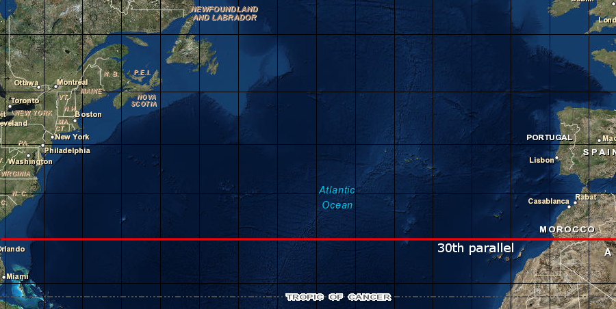 Samuel Argall determined that turning west at the 30th parallel, rather than sailing south to catch the westerly winds at the latitude of the Caribbean, would reduce the London-Jamestown travel time by up to 50%