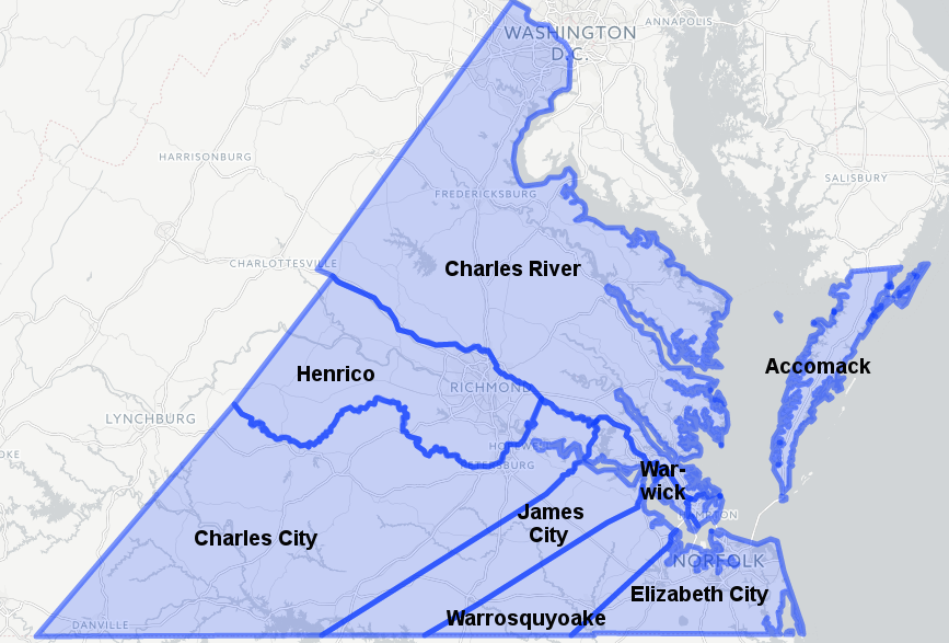 first eight shires created in 1634 included the four incorporations create in 1618 (Kecoughtan was renamed Elizabeth City) plus Accomack, Charles River, Warrosquyoake, and Warwick River