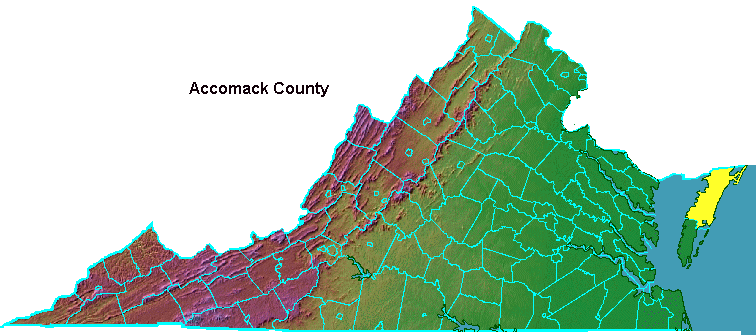 Accomack County, highlighted in map of Virginia