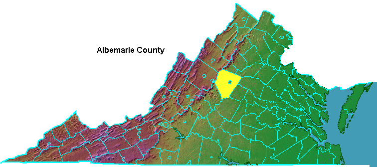 Albemarle County, highlighted in map of Virginia