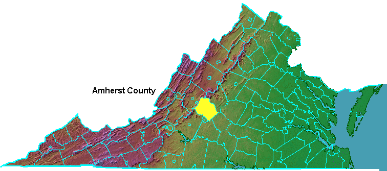 Amherst County, highlighted in map of Virginia