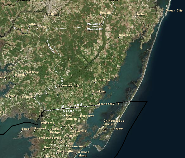 Assateague Island extends from Toms Cove in Virginia to Ocean City in Maryland (black line indicates Accomack County boundary)