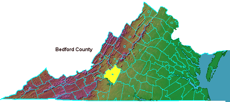 Bedford County, highlighted in map of Virginia