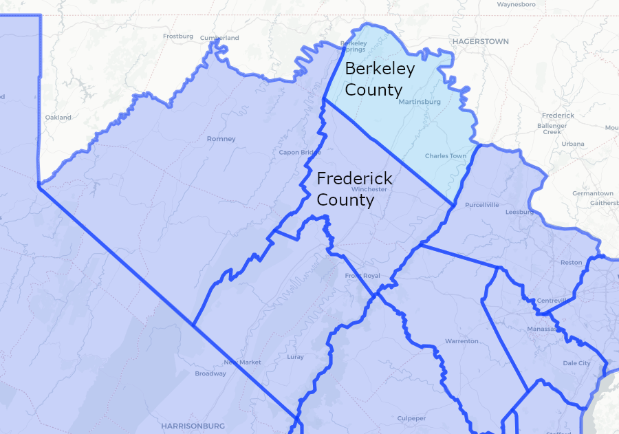 Berkeley County was carved out of Frederick County in 1772, and later Jefferson and Morgan counties were created from Berkeley County