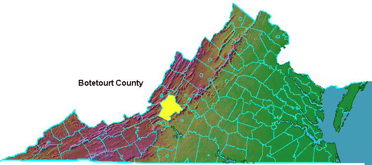 Botetourt County, highlighted in map of Virginia