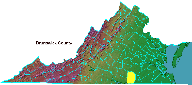 Brunswick County, highlighted in map of Virginia