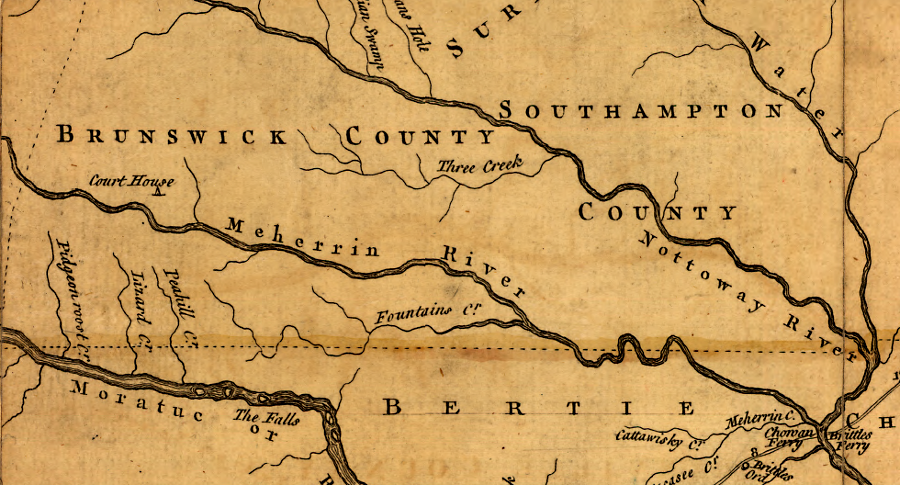 as shown on the 1755 Fry-Jefferson map, rivers in Brunswick County flow southeast to Albemarle Sound rather than northeast to the Chesapeake Bay