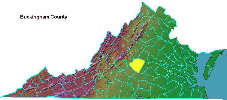 Buckingham County, highlighted in map of Virginia