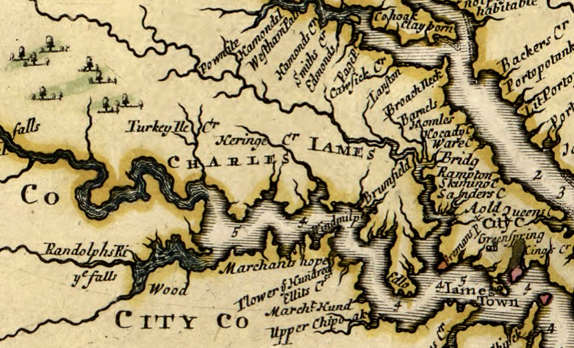 Charles City County originally included land on both sides of the James River, and the name of City Point near the mouth of the Appomattox River is a residue of those boundaries