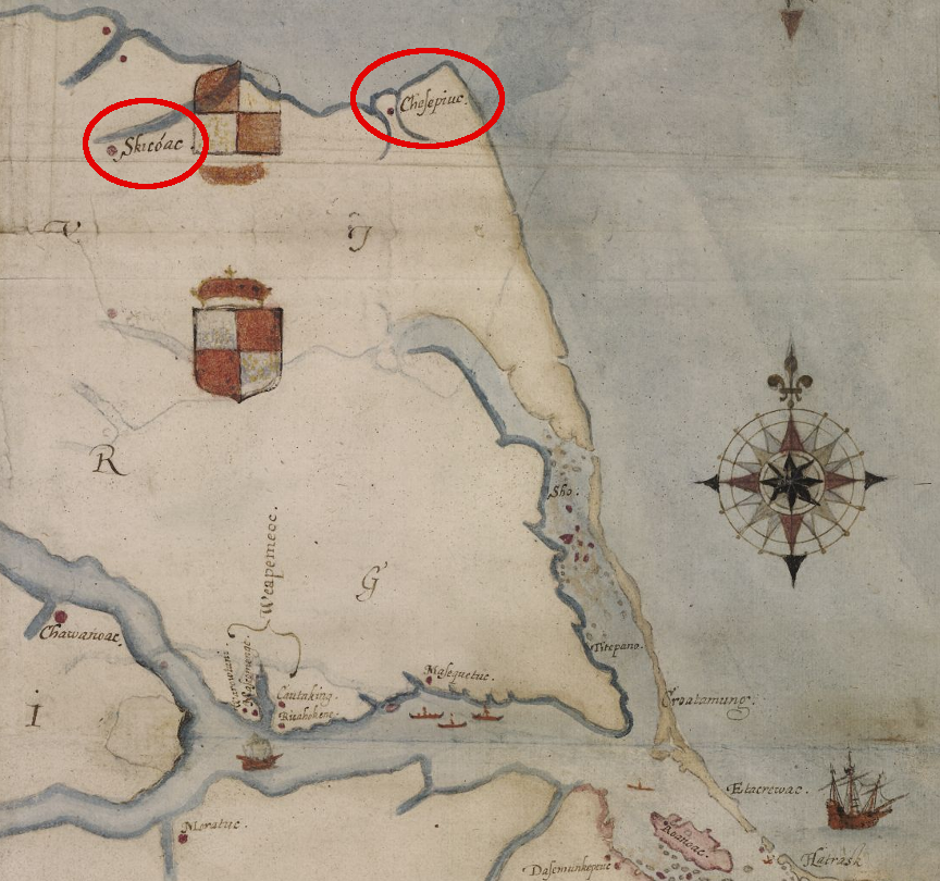 English colonists from Roanoke Island visited two major towns of the Chesapeake tribe in 1585-86