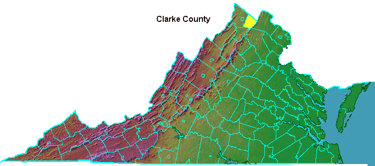 Clarke County, highlighted in map of Virginia
