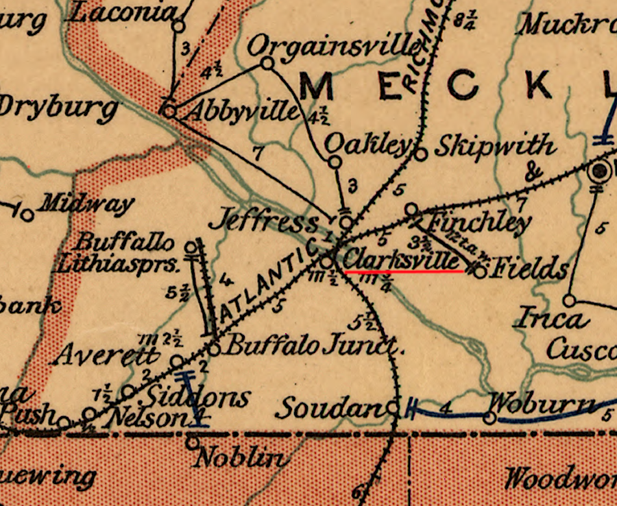 Clarksville was served by the east-west Atlantic and Danville Railway and the north-south Richmond and Mecklenburg Railroad in 1896