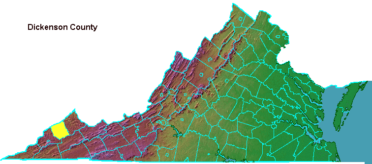 Dickenson County, highlighted in map of Virginia