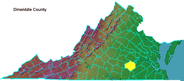 Dinwiddie County, highlighted in map of Virginia