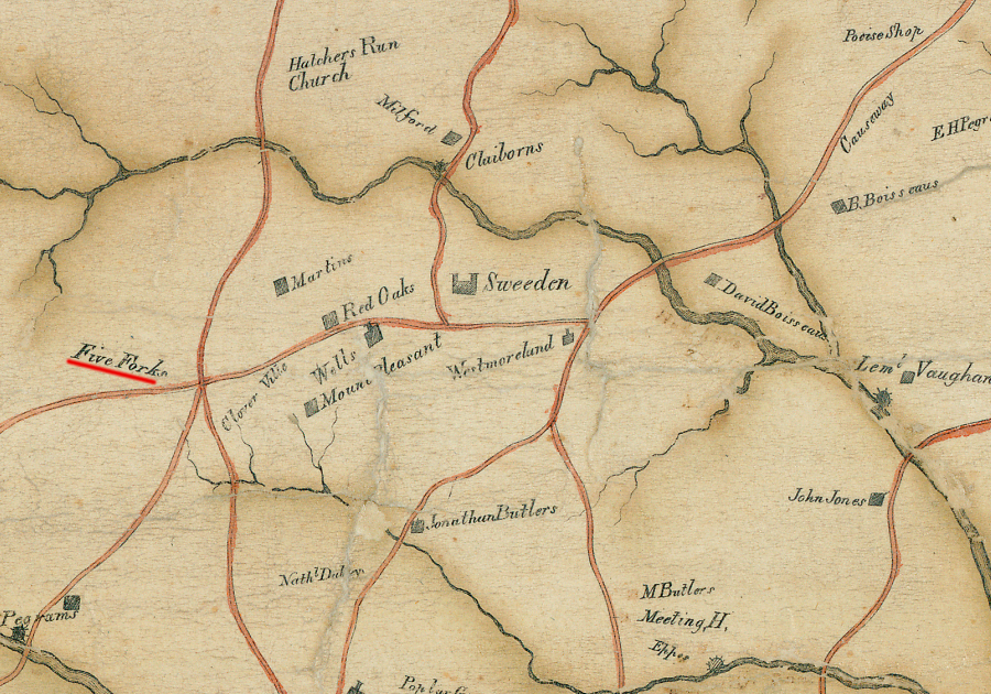 by 1820, three roads had created an intersection known as Five Forks in Dinwiddie County