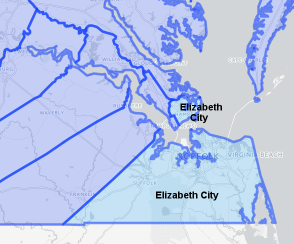 when first created in 1634, Elizabeth City County included land on both sides of the James River