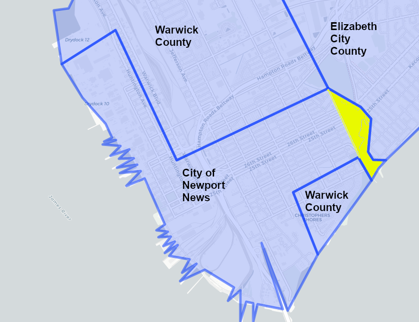 the independent city of Newport News annexed a portion of Elizabeth City County (yellow) in 1921