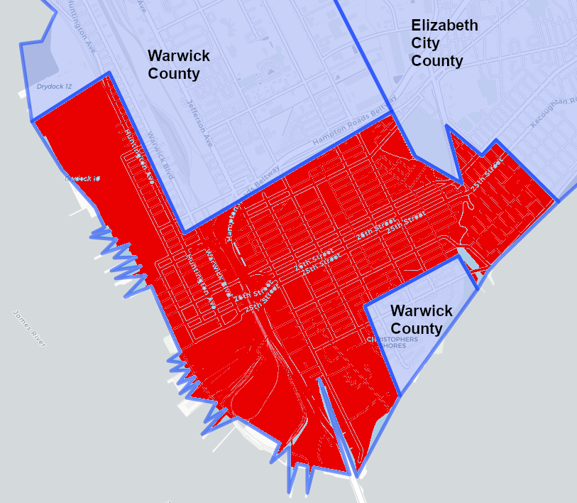 the independent city of Newport News (red) annexed the Town of Kecoughtan from Elizabeth City County in 1927