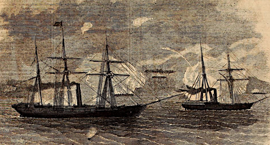Union ships Seminole and Pocahantas engaging the Confederate batteries at Evansport