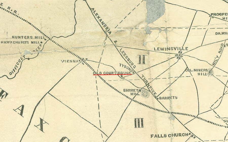 the first () courthouse for Fairfax County was located at Tysons, as recorded on a Civil War map almost years later